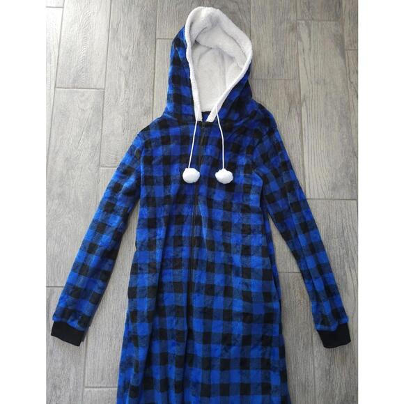 Women's Giggling Getup One Piece Pajamas Hooded Buffalo Plaid Blue Size Medium - Picture 2 of 8